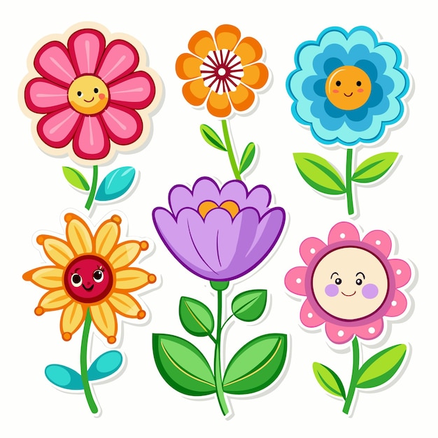 Six cartoon flowers with smiling faces and stems isolated on white background