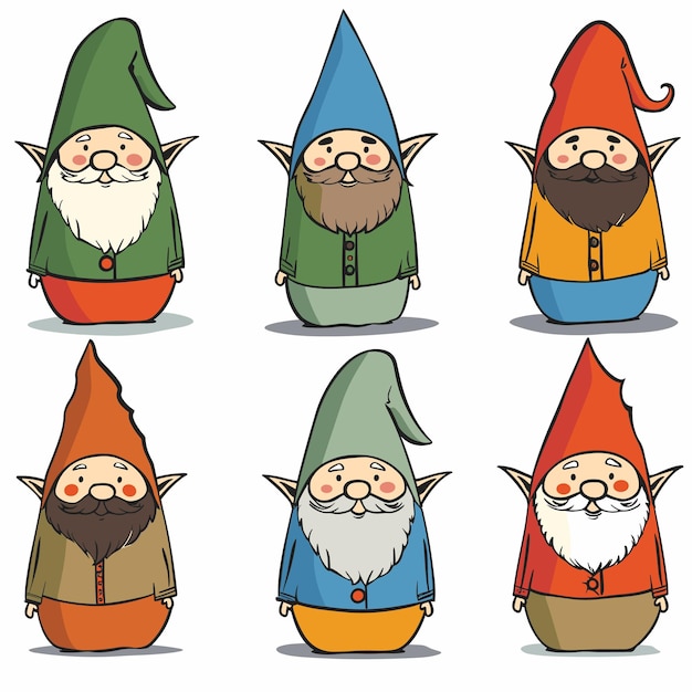 Six cartoon gnomes arranged rows unique colored outfits hats gnomes display cheerful