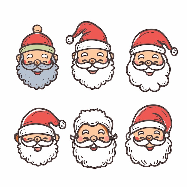 Six cartoon Santa Claus faces showing various expressions styles Santa outlined rosy cheeks