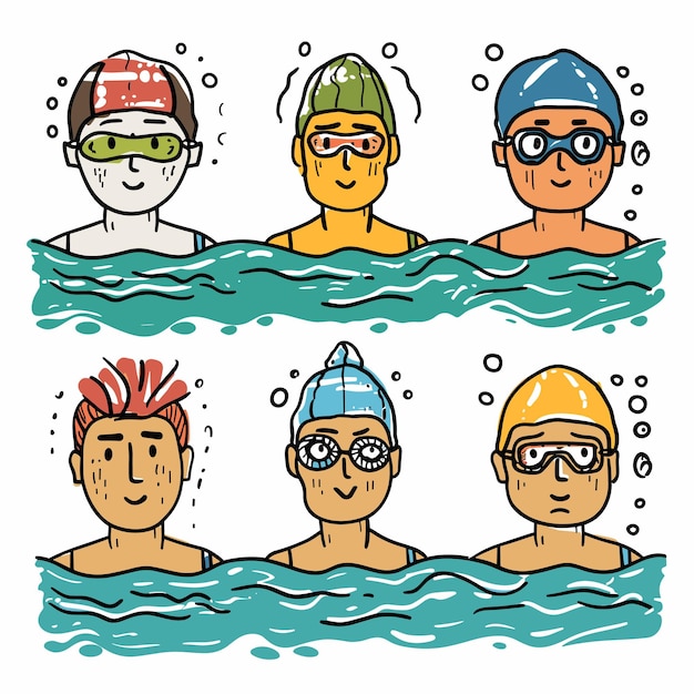 Six cartoon swimmers illustrated swim caps goggles swimming blue water character has unique cap