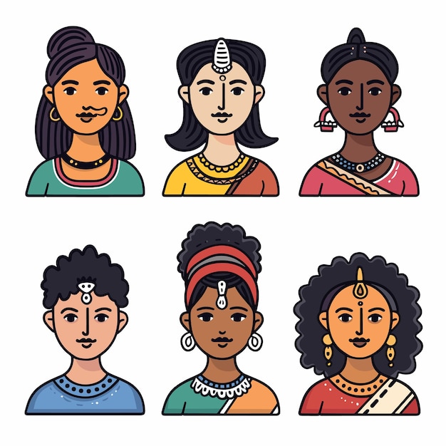 Six cartoonstyle avatars represent indian people showcasing traditional clothing jewelry top