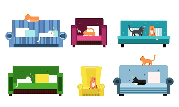 Six cats on the sofas of different kinds and colors Standing sitting laying purring sharpening claws two cats communicating Flat vector Illustrations isolated on white background