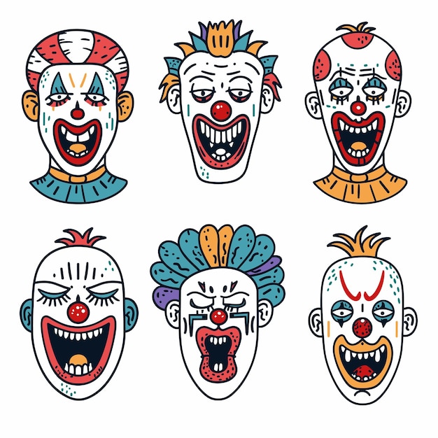 Six clown faces colorful cartoon collection isolated white background clown face unique