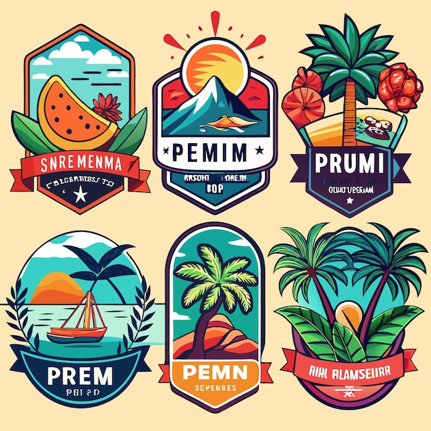 Six colorful badges with different summer and beach themes like watermelon palm tree mountain sunset sea and boat