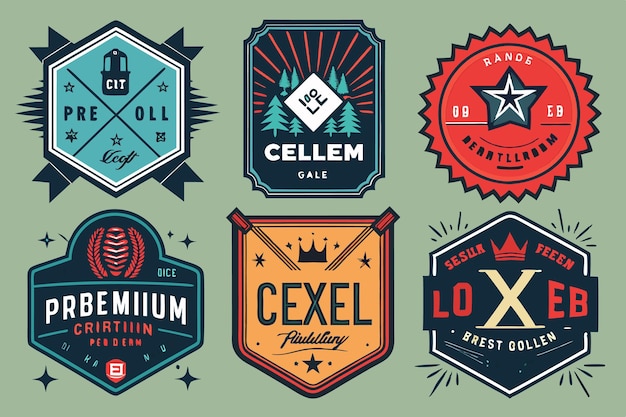 Vector six colorful badges with stylized lettering and images on a green background