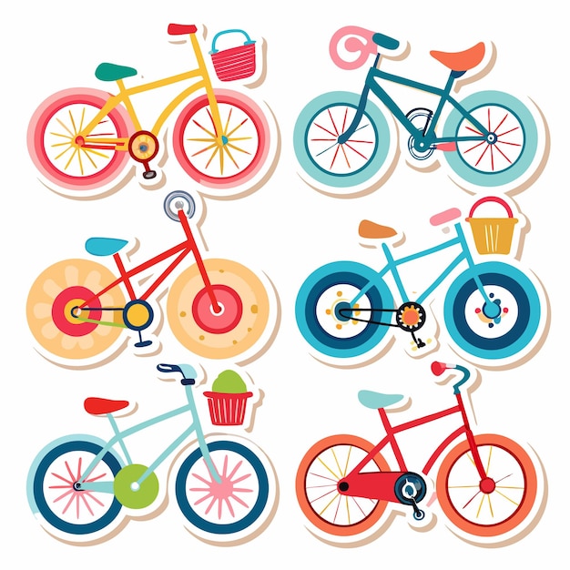 Six colorful bicycles with baskets and wheels