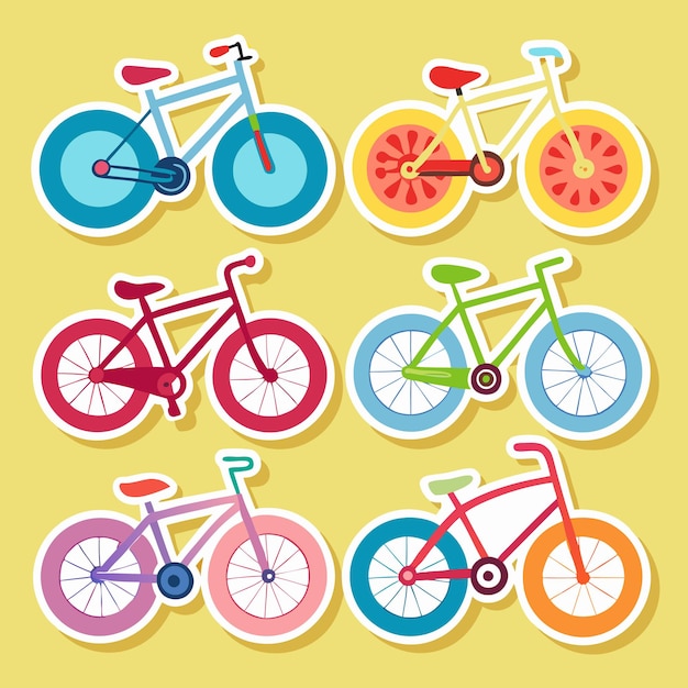 Six colorful bicycles with white spokes and different colors of frames seats and tires