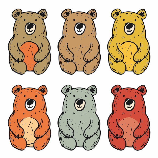 Six colorful cartoon bears sitting simple doodle style different colors patterns bears look