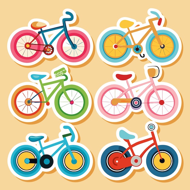 Vector six colorful cartoon bicycles with white outlines isolated on a yellow background