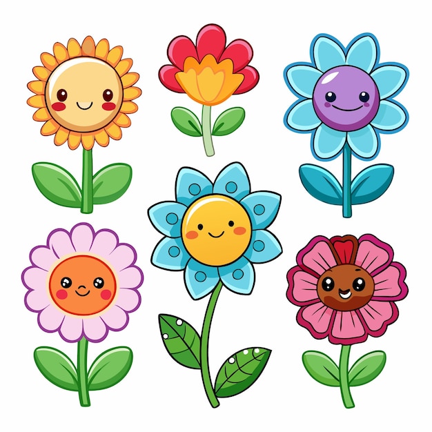 Six colorful cartoon flowers with happy faces isolated on white background