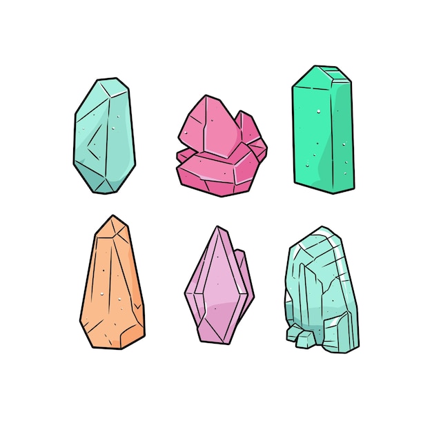 Six colorful crystals and minerals of various shapes handdrawn gemstones in pink teal and orange