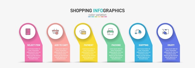 Six colorful graphic elements Concept of shopping process with 6 successive steps