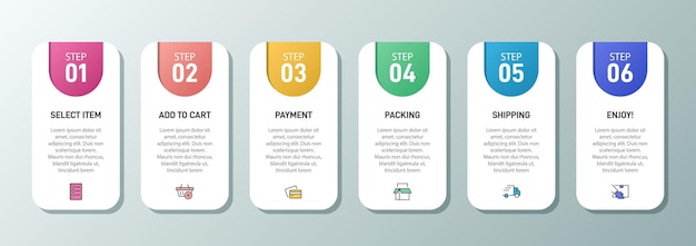 Six colorful graphic elements Concept of shopping process with 6 successive steps