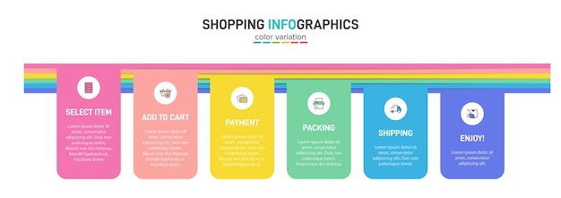 Six colorful graphic elements concept of shopping process with 6 successive steps