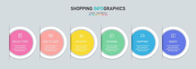 Six colorful graphic elements concept of shopping process with 6 successive steps