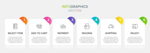 Six colorful graphic elements for shopping process successive steps with icons and text