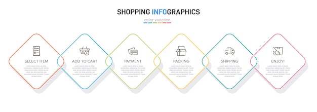 Six colorful graphic elements for shopping process successive steps with icons and text