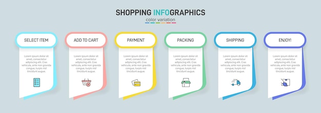 Six colorful graphic elements with shopping timeline