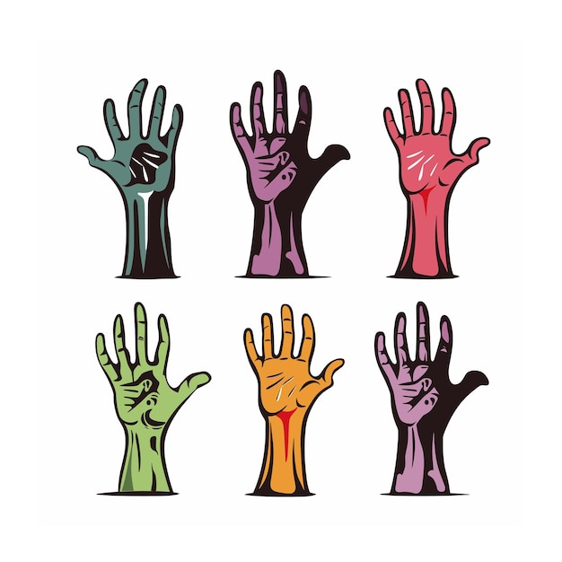 Vector six colorful hands various gestures cartoon style diversity concept zombie hands raised