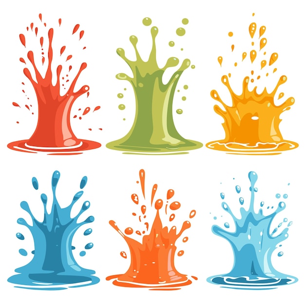 Vector six colorful liquid splash designs representing various splash effects graphic cartoon splashes