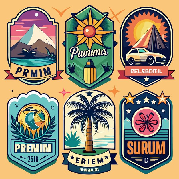 Vector six colorful retro badges with summer themes such as mountains sun palm trees and car