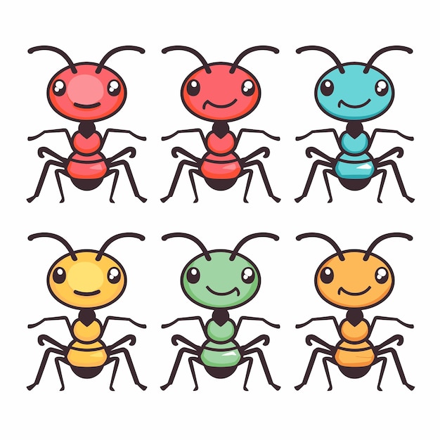 Six cute cartoon ants unique colors cheerful expressions friendly ants illustrated simple