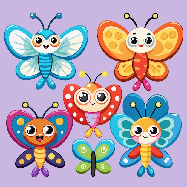 Vector six cute cartoon butterflies with big eyes on a purple background