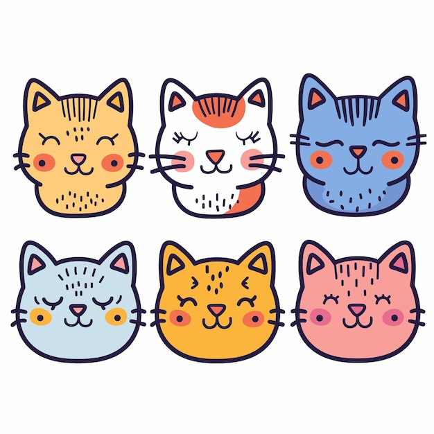 Six cute cartoon cat faces colorful collection smiling expressions Various cat breeds