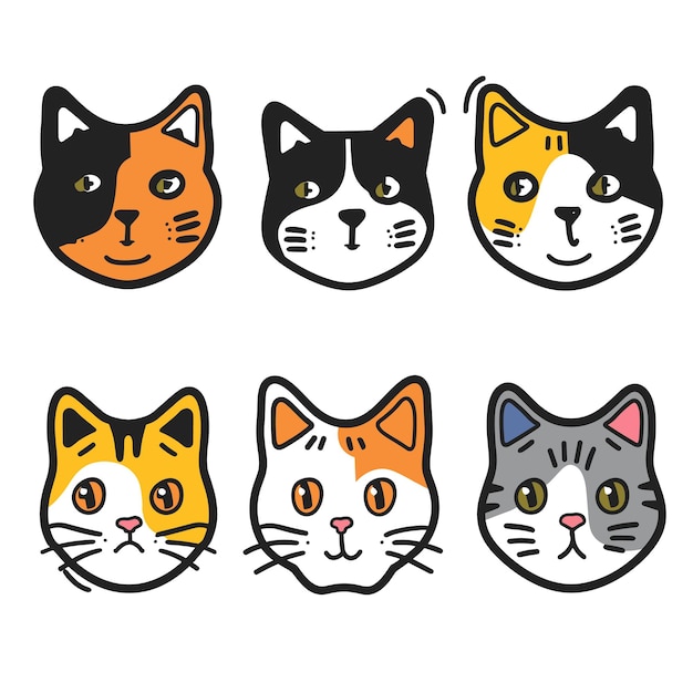 Six cute cartoon cat faces various colors patterns Handdrawn style domestic feline portraits