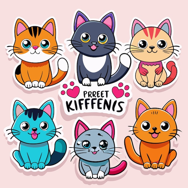 Six cute cartoon cats with big eyes sitting in different poses