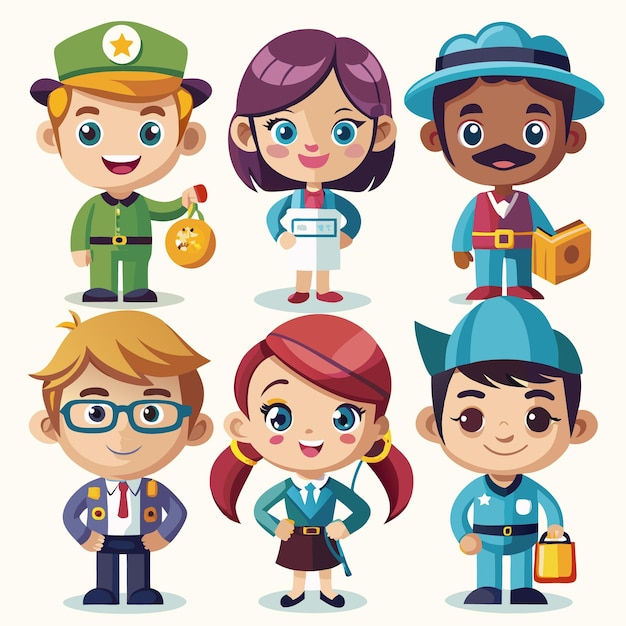 Vector six cute cartoon children in different outfits and poses including a girl holding a book a boy with a pumpkin a girl with a clipboard and more