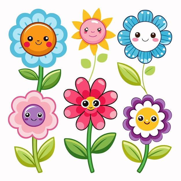 Six cute cartoon flowers in different colors with happy faces