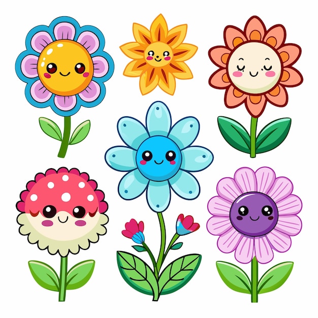 Six cute cartoon flowers with happy faces