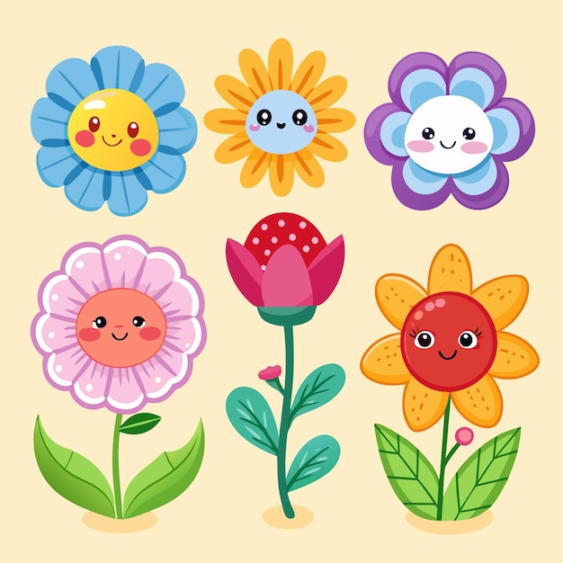 Vector six cute cartoon flowers with smiling faces in different colors