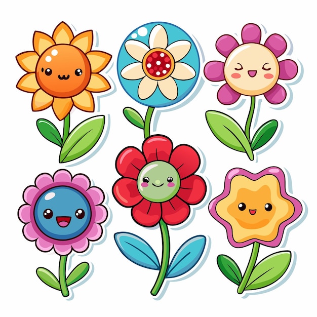 Vector six cute cartoon flowers with smiling faces and different shapes