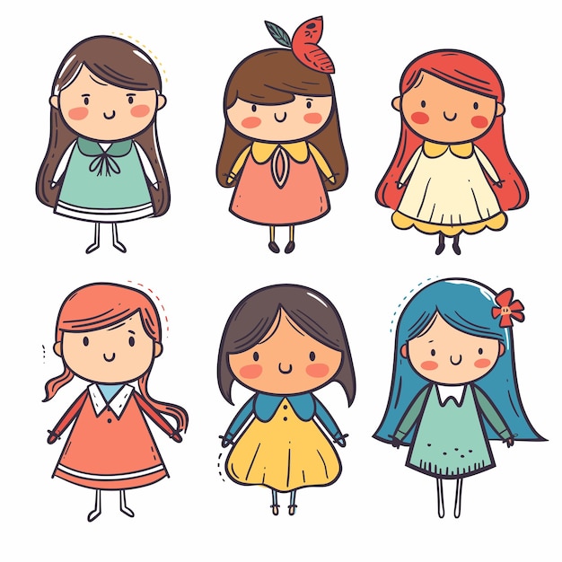 Six cute cartoon girls smiling various hairstyles colorful dresses handdrawn style isolated