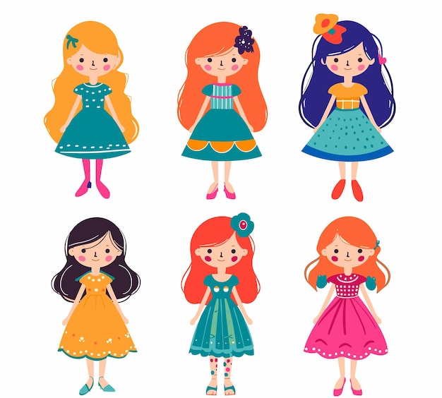 Six cute cartoon girls varying hairstyles dresses colors smiling girl unique dress hairstyle