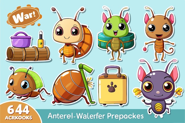 Vector six cute cartoon insects in various poses with different accessories