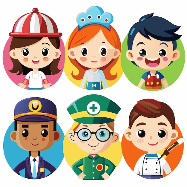 Vector six cute cartoon kids in different occupations