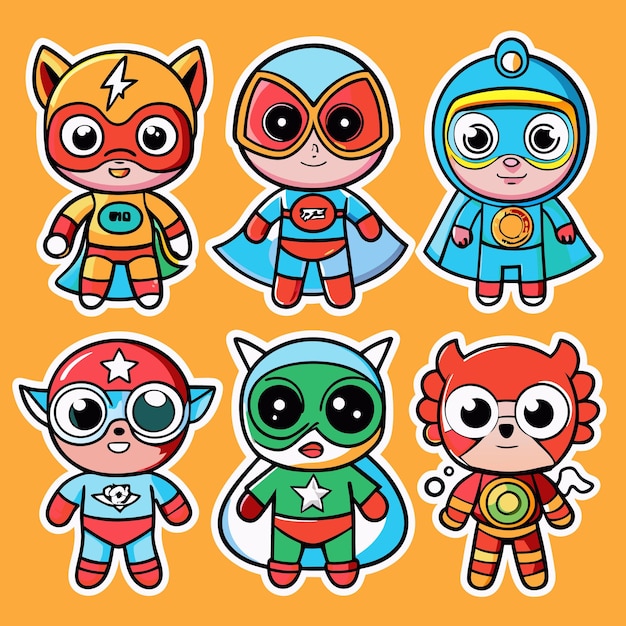 Vector six cute cartoon superheroes with different colors and designs standing in a row on an orange background