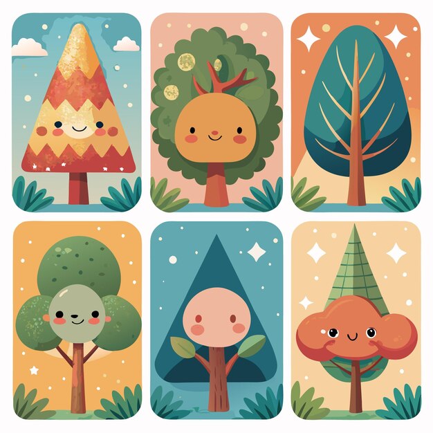 Vector six cute cartoon trees with smiling faces and different shapes and colors