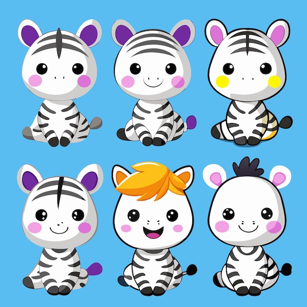 Vector six cute cartoon zebras with different colored ears and hair sitting on a blue background