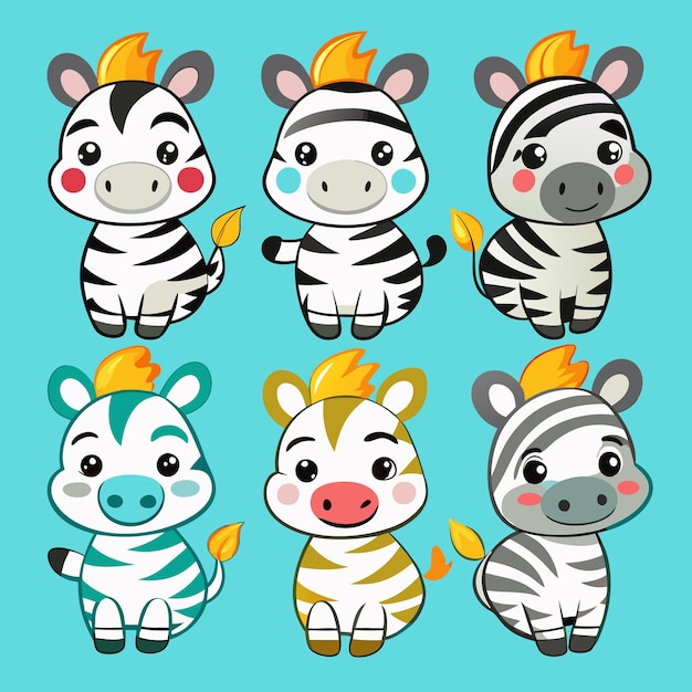 Vector six cute cartoon zebras with different colored stripes each with a yellow mane