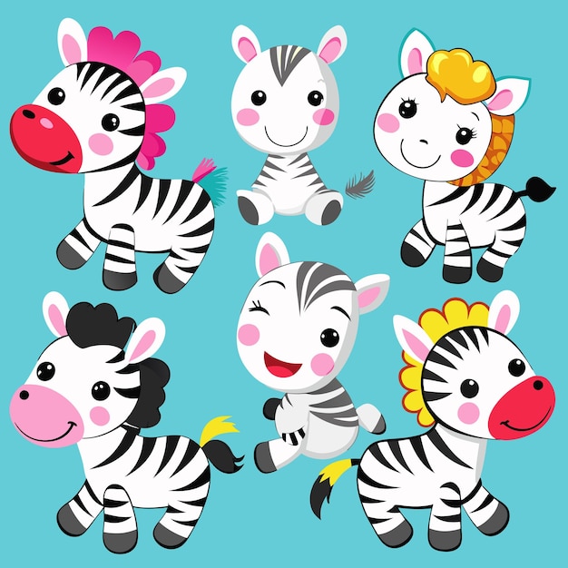 Six cute cartoon zebras with different expressions and decorations