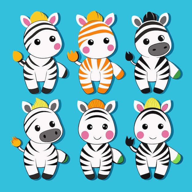 Vector six cute cartoon zebras with different expressions some with a flame tail