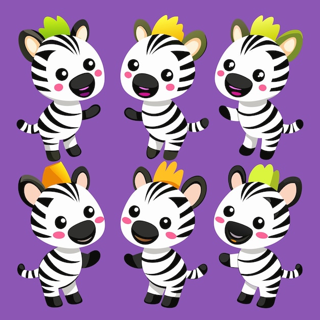 Vector six cute cartoon zebras with different hair styles