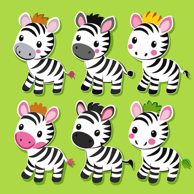 Six cute cartoon zebras with different hair styles