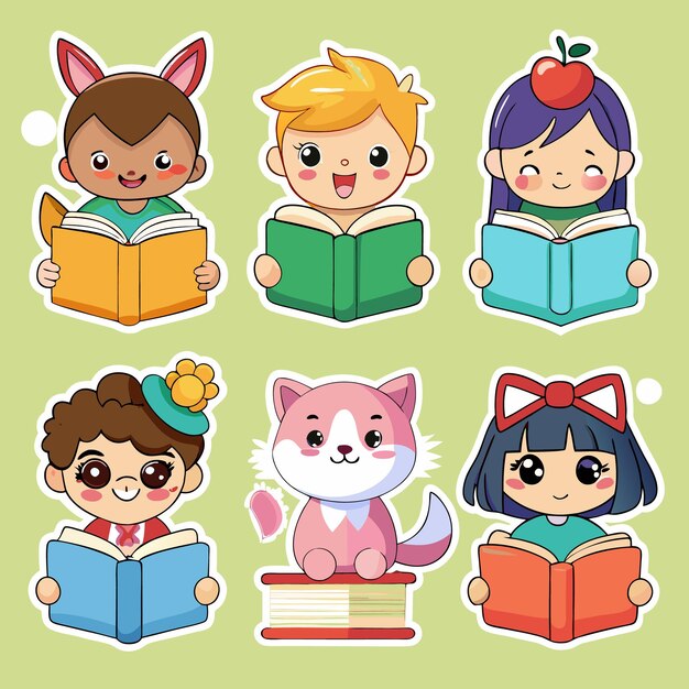 Six Cute Characters Reading Books