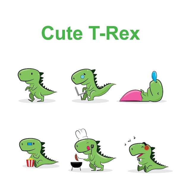 six cute dinosaur trex poses vector drawing illustration