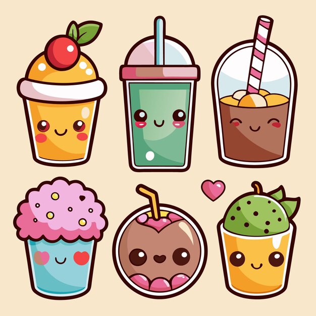 Vector six cute kawaii drinks and desserts with faces